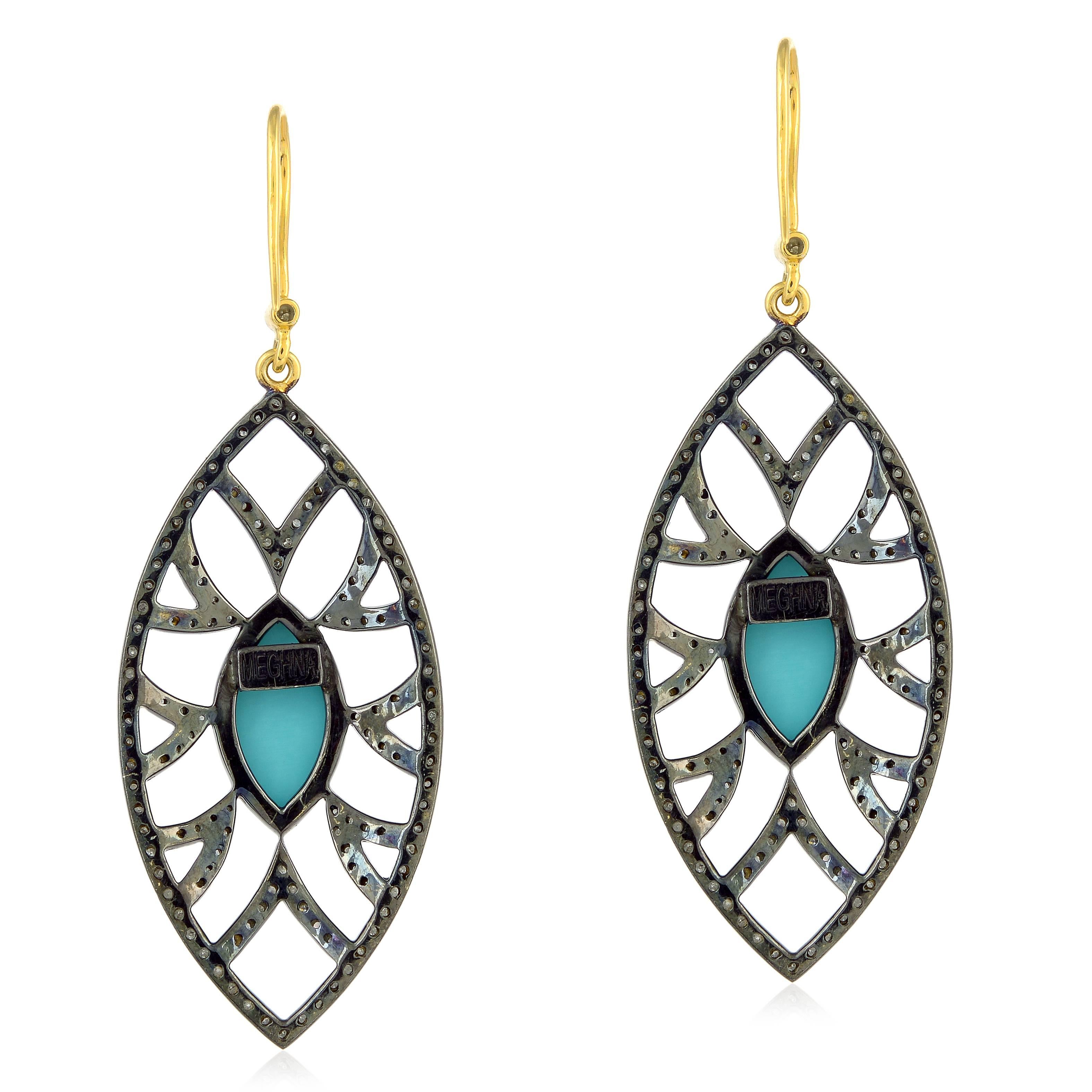 Meghna Jewels Bora Bora Marquise Earrings Turquoise and Diamonds In New Condition In Hoffman Estate, IL
