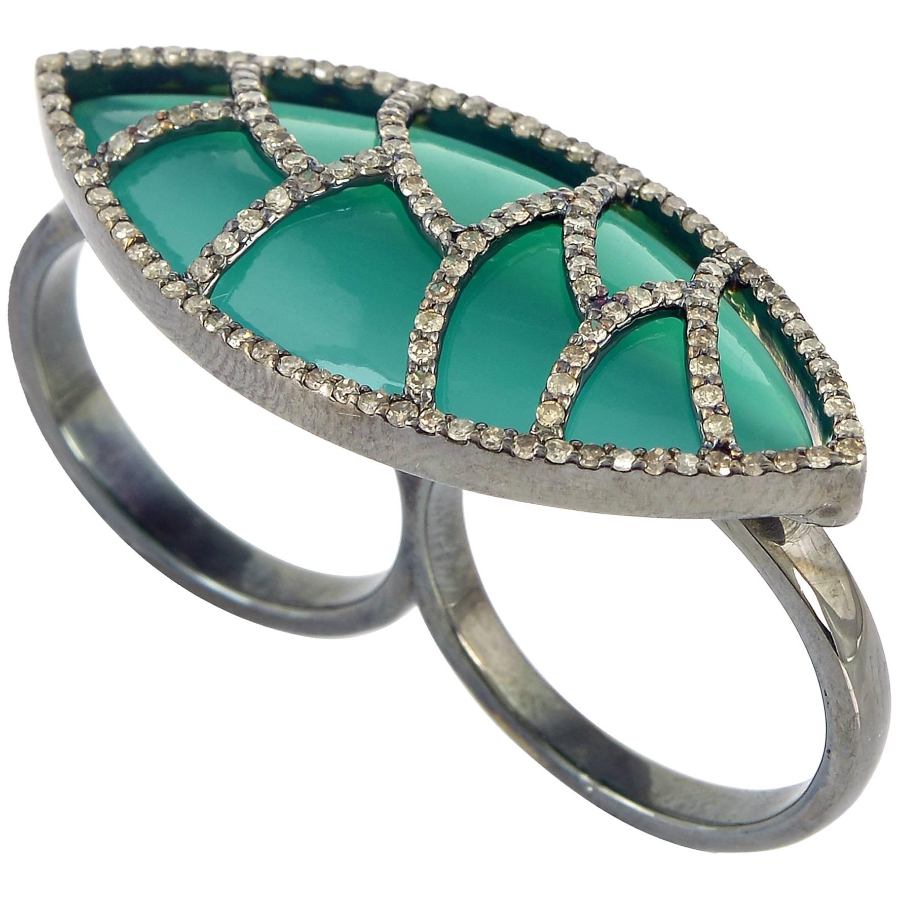 Green Onyx Champagne Diamond Ring For Sale