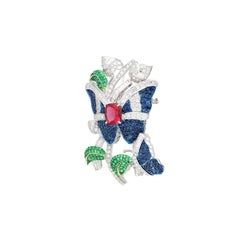 Meghna Jewels Butterfly Emerald Ruby Diamond 18 Karat Gold Art Deco Style Brooch