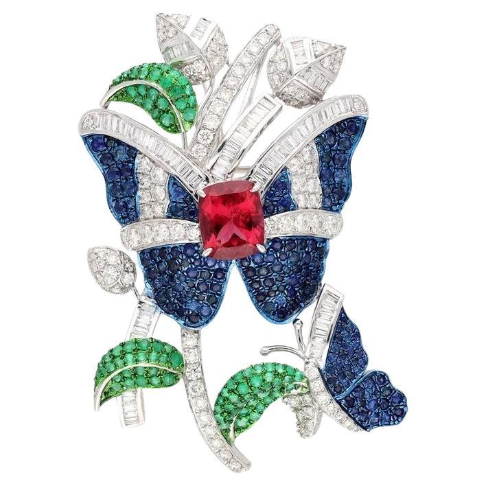 Meghna Jewels Butterfly Emerald Ruby Diamond 18 Karat Gold Art Deco Style Brooch