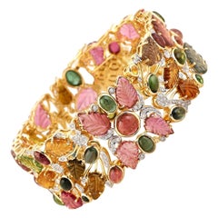 Meghna Jewels Carved Leaf Tourmaline Diamond 14K Gold Tutti Frutti Bracelet Cuff