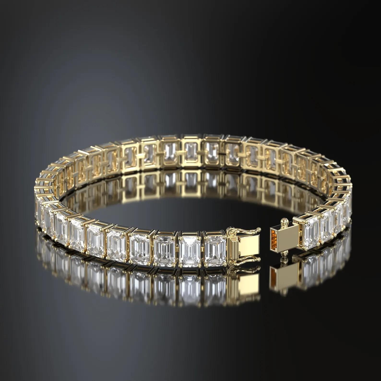 Meghna Jewels Certified 18.50 Carat Emerald Cut 14 Karat Gold Tennis Bracelet In New Condition For Sale In Hoffman Estate, IL