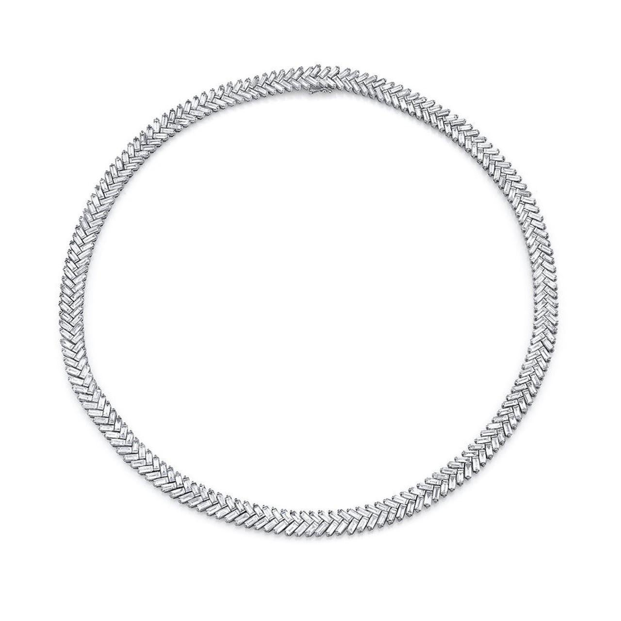 Baguette Cut Meghna Jewels Certified Baguette Diamond Zipper 14K White Gold Tennis Necklace For Sale