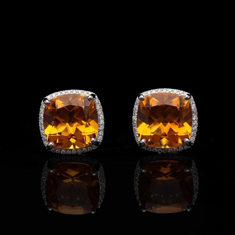 Meghna Jewels Citrin 14 Karat Gold Diamant-Ohrstecker (Moderne) im Angebot