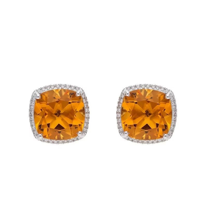 Meghna Jewels Citrin 14 Karat Gold Diamant-Ohrstecker (Kissenschliff) im Angebot