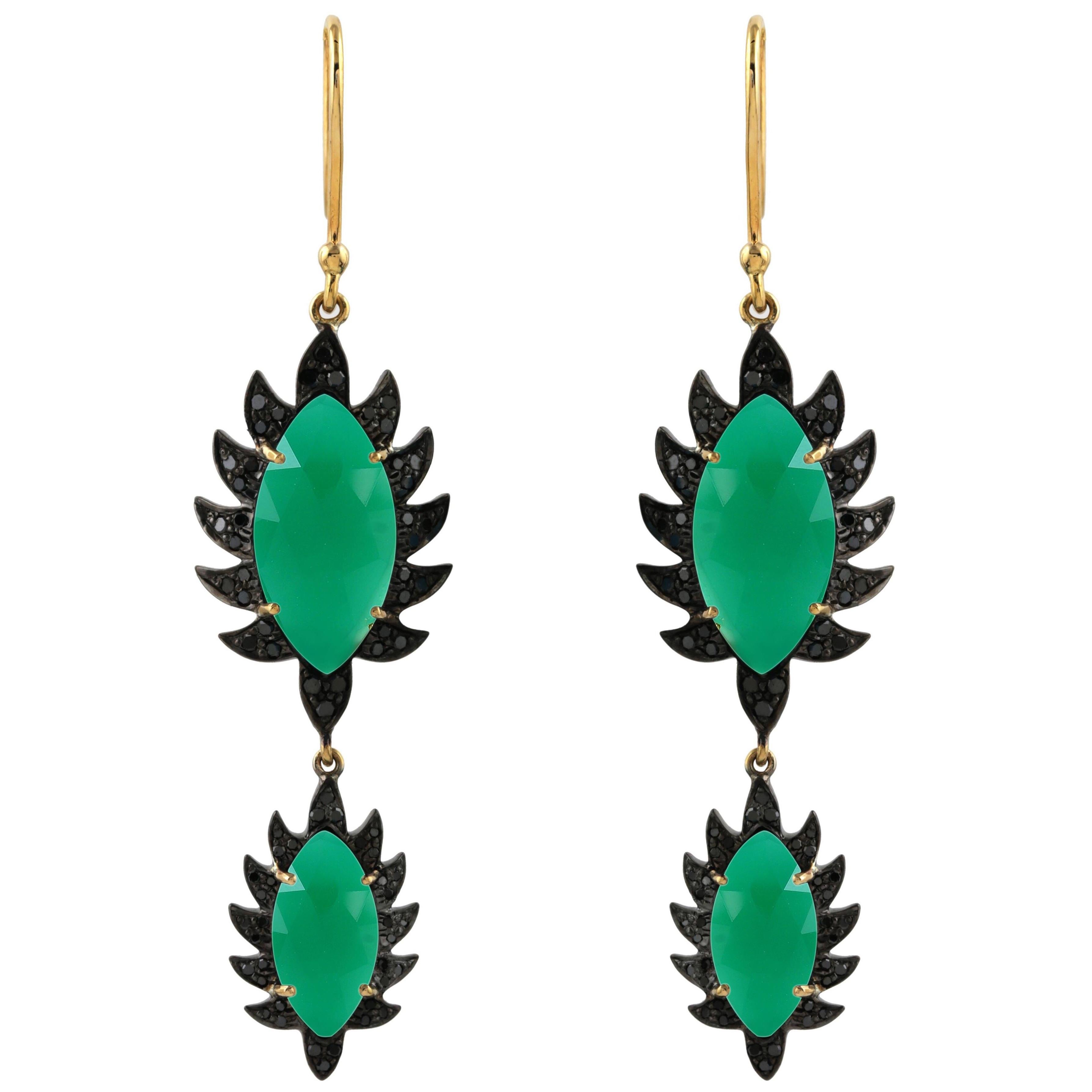 Diamond Green Onyx Meghna Jewels Marquise Earrings  For Sale