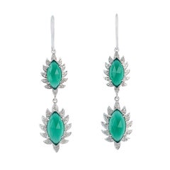 Meghna Jewels Claw Double Drop Earrings Green Onyx and Diamonds