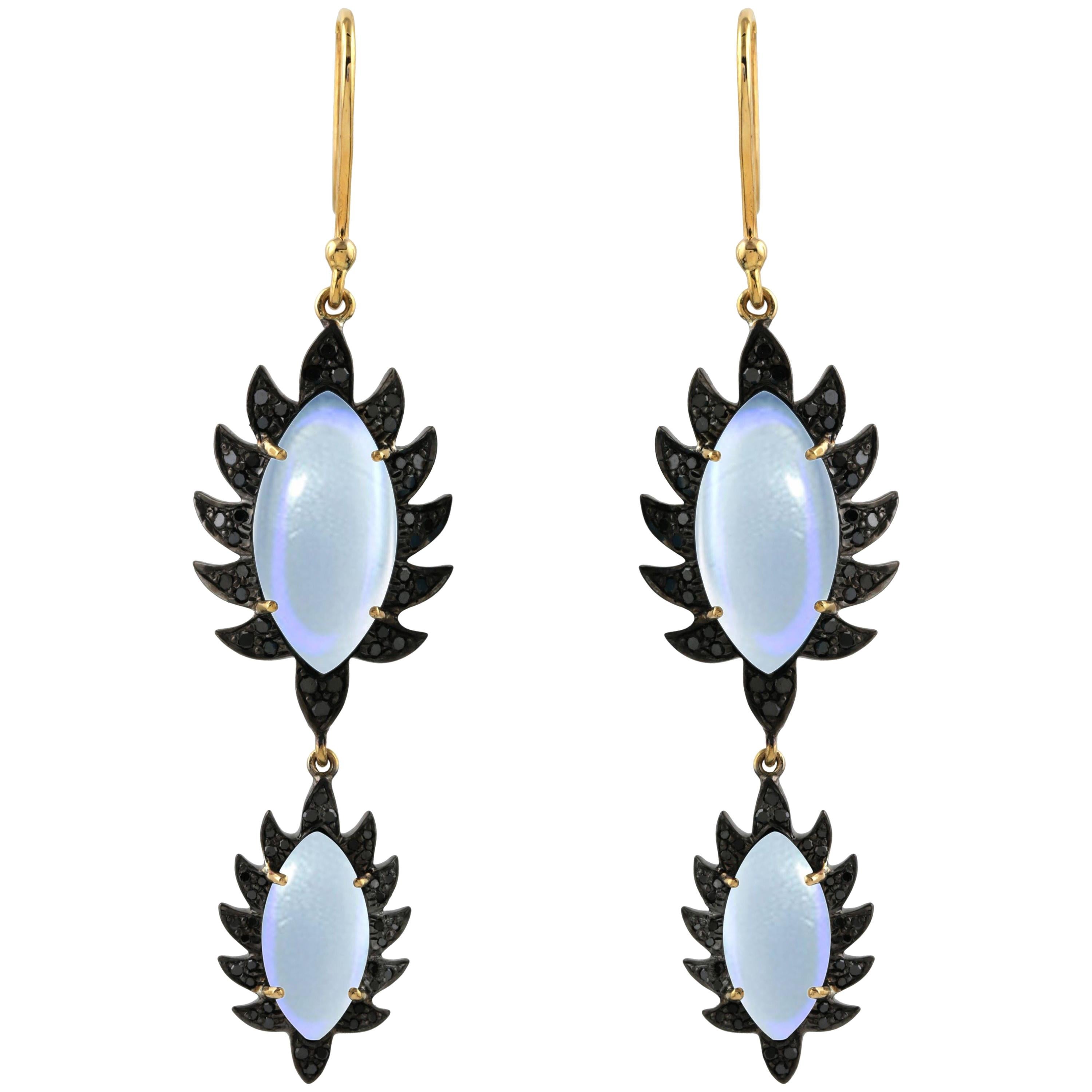 Meghna Jewels Claw Double Drop Rainbow Moonstone Black Diamond Earrings For Sale