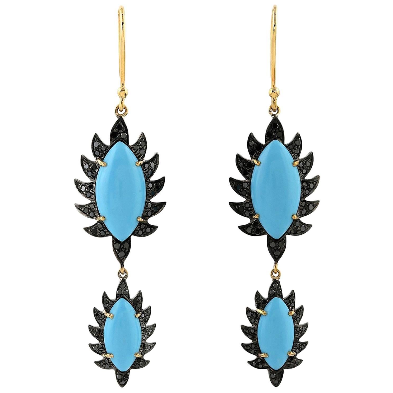 Turquoise Black Diamond Meghna Jewels Marquise Earrings  For Sale