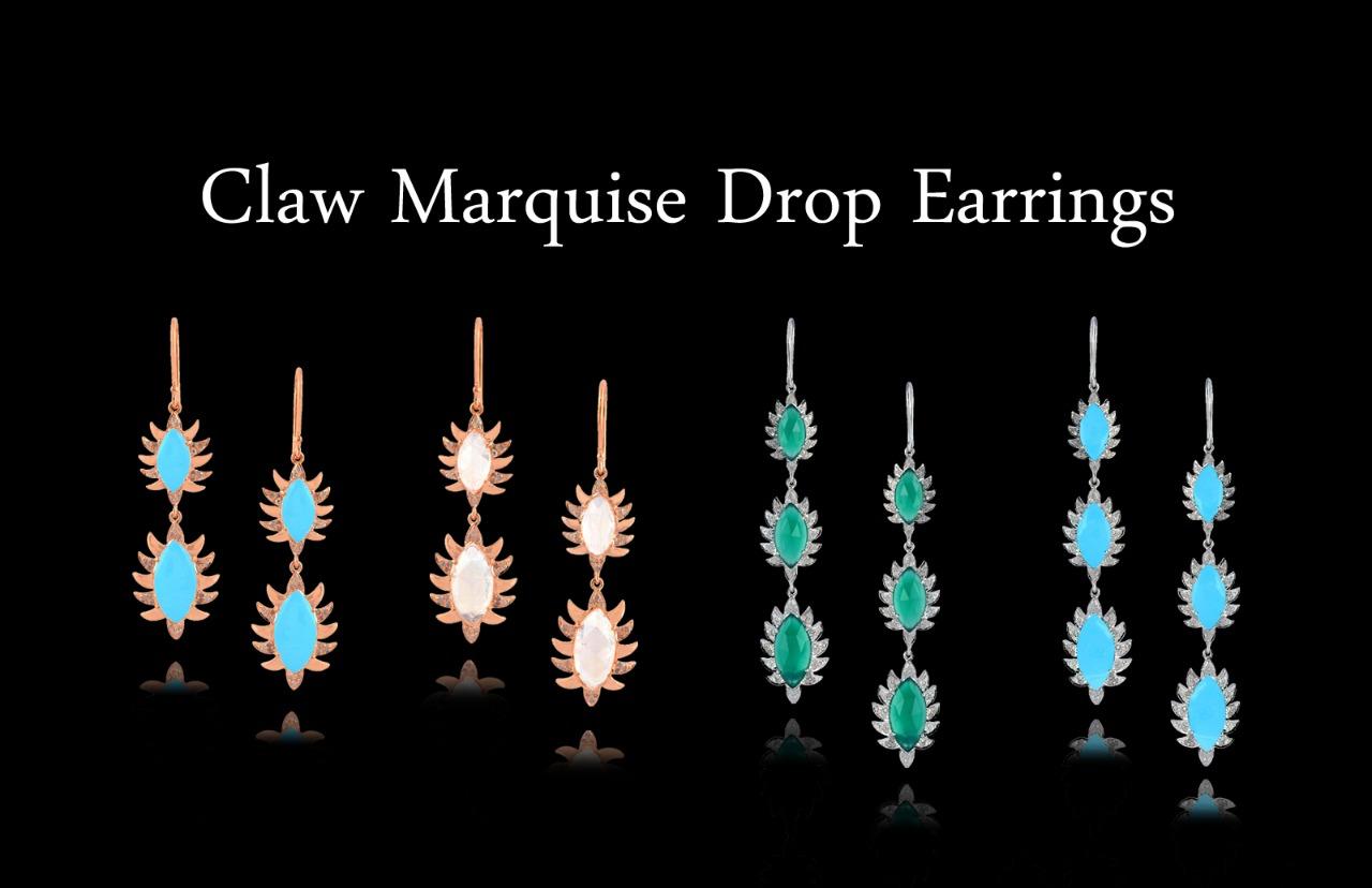 Meghna Jewels Claw Double Drop Marquise Moonstone and Diamonds Earrings In New Condition For Sale In Hoffman Estate, IL