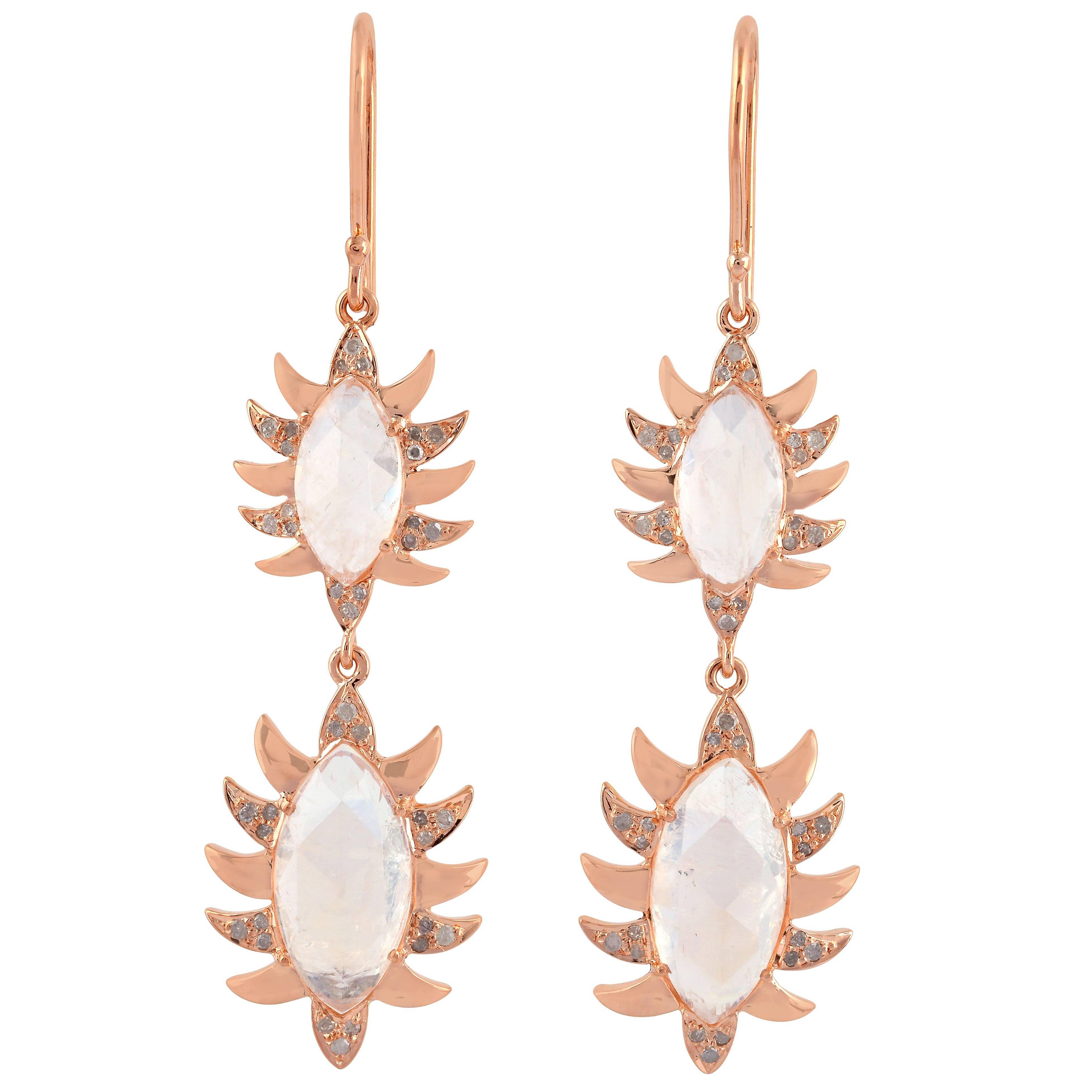 Meghna Jewels Claw Double Drop Marquise Moonstone and Diamonds Earrings For Sale