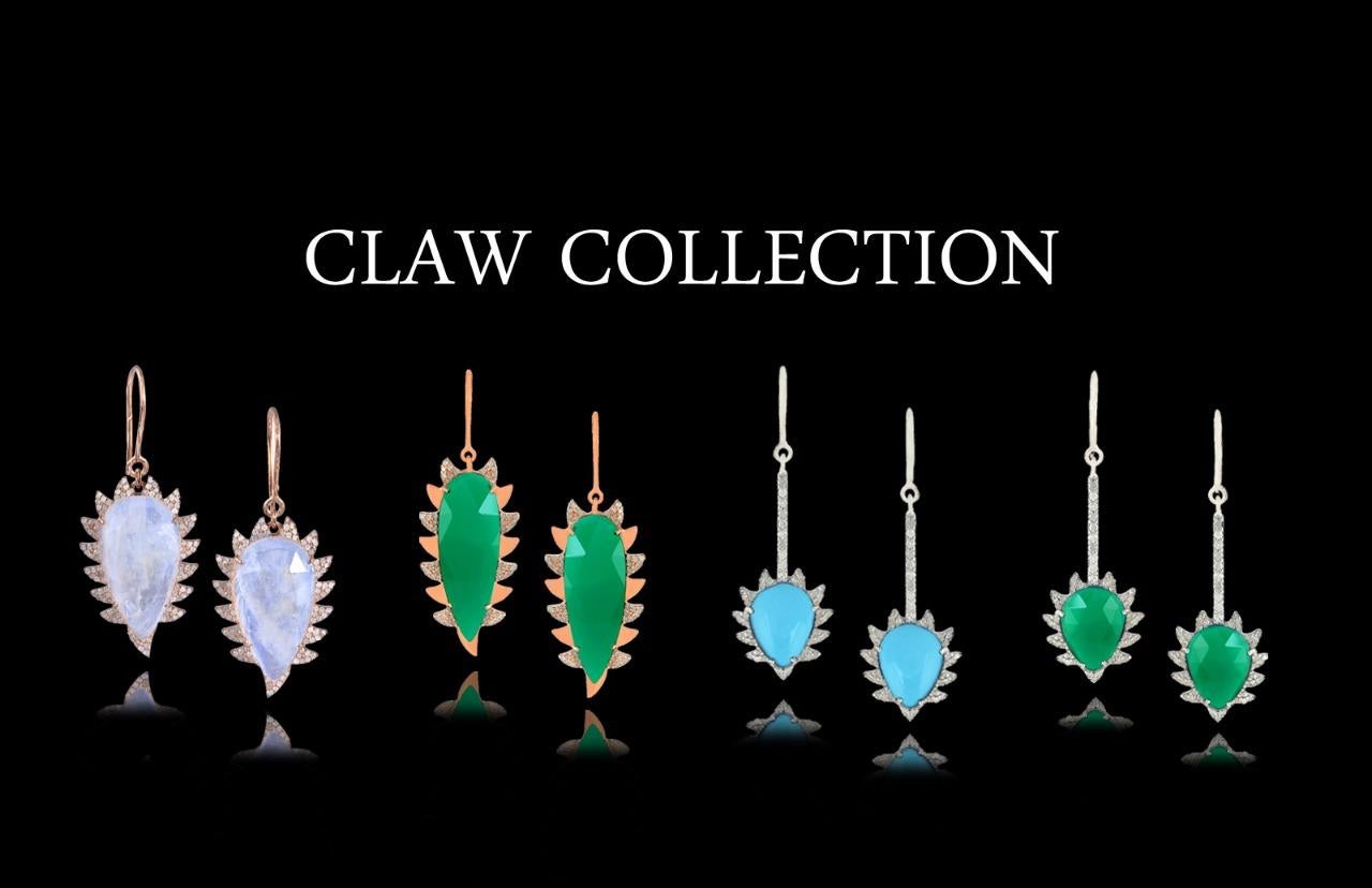 Green Chalcedony Diamond Meghna Jewels Claw Earrings In New Condition For Sale In Hoffman Estate, IL
