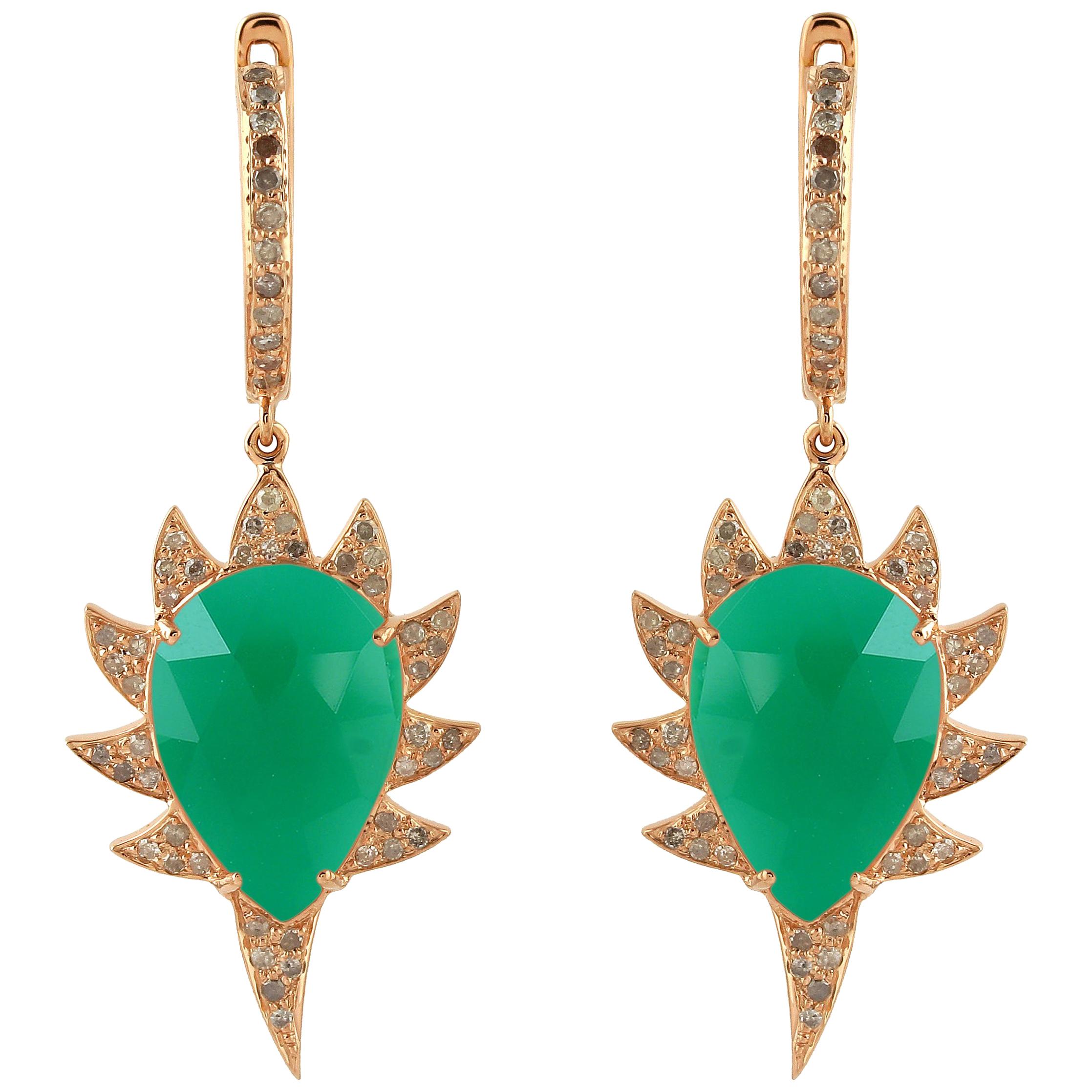 Meghna Jewels Claw Green Onyx Diamonds Earrings For Sale