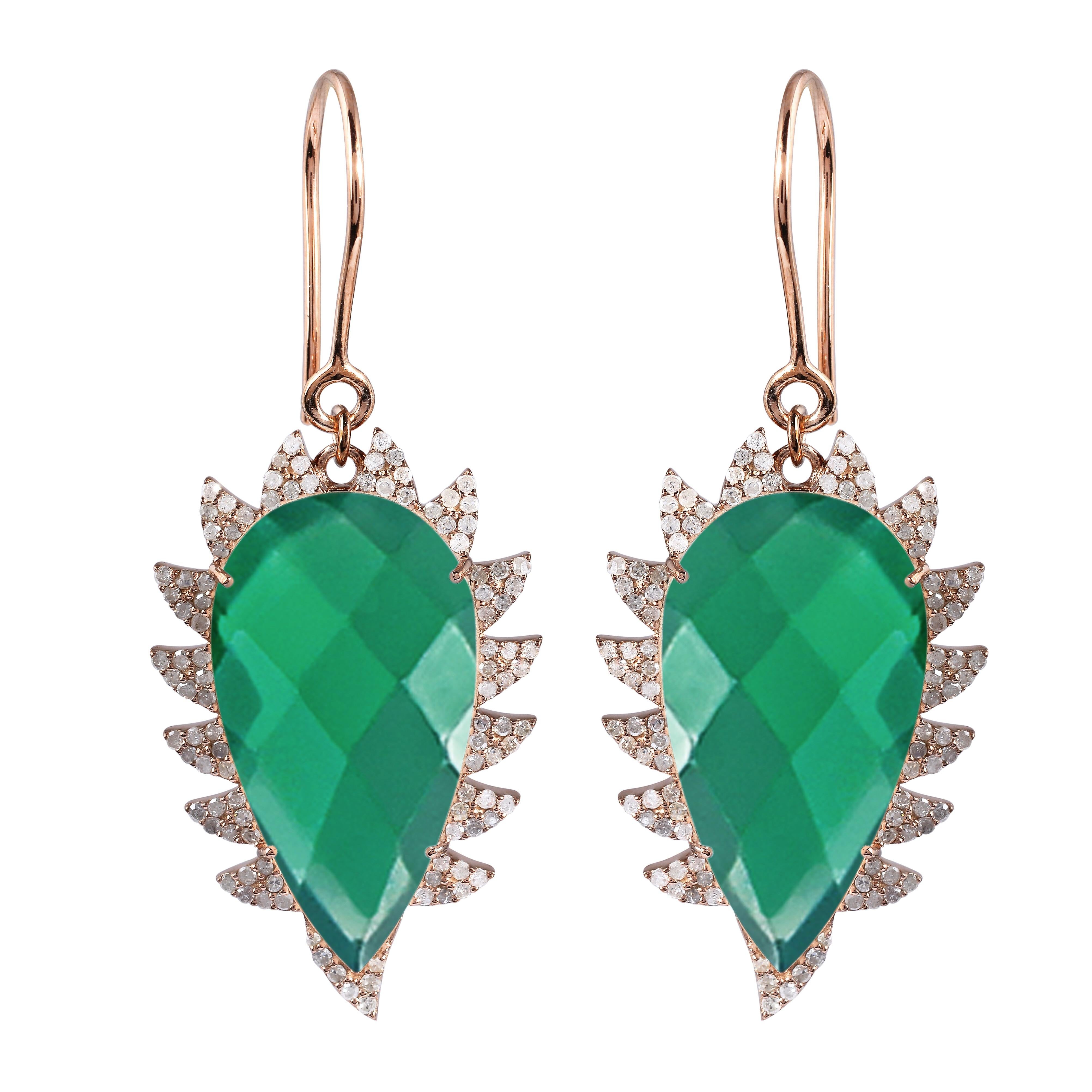 Meghna Jewels Claw Drop Green Onyx Diamond Earrings