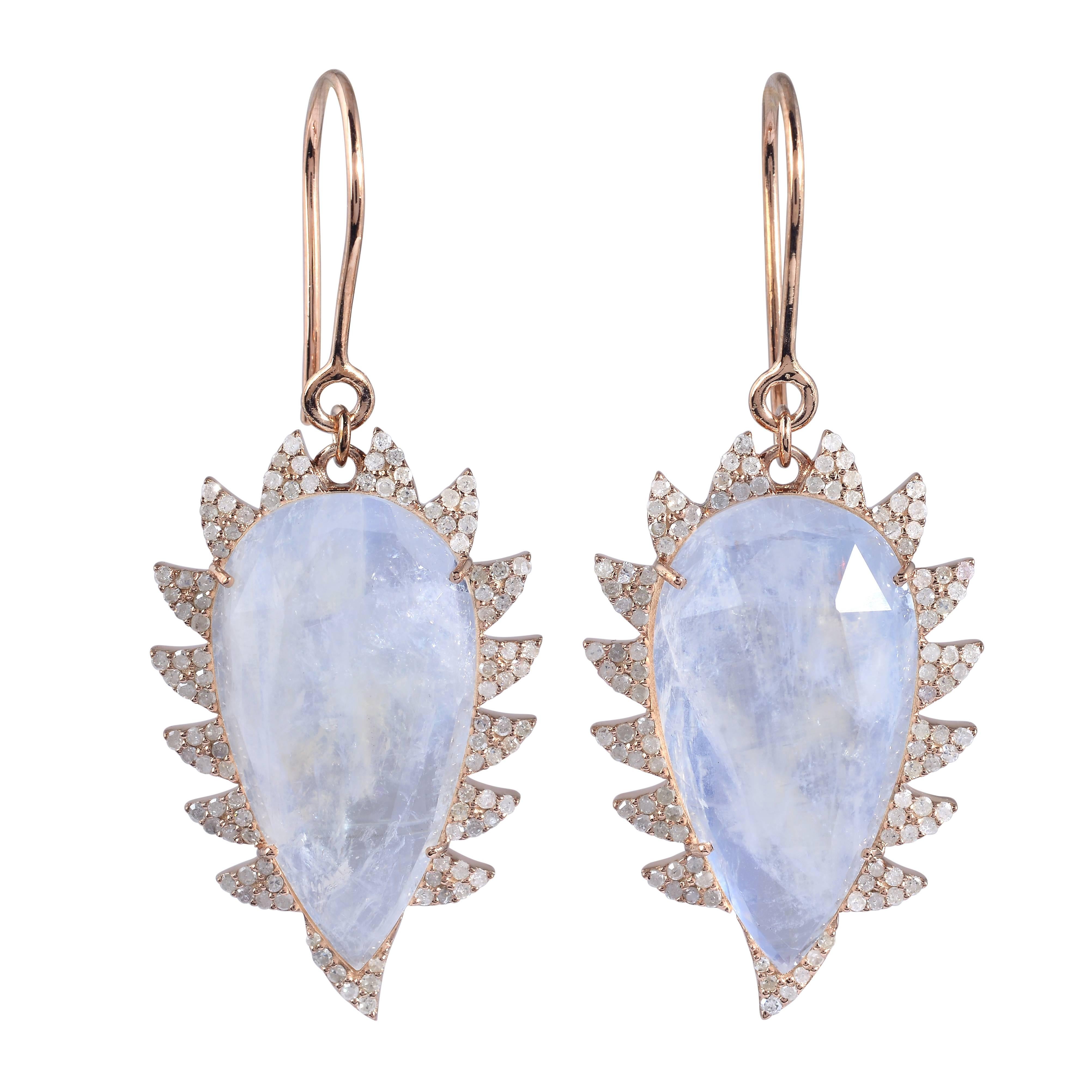 Meghna Jewels Claw Drop Earrings Rainbow Moonstone and Diamonds For Sale