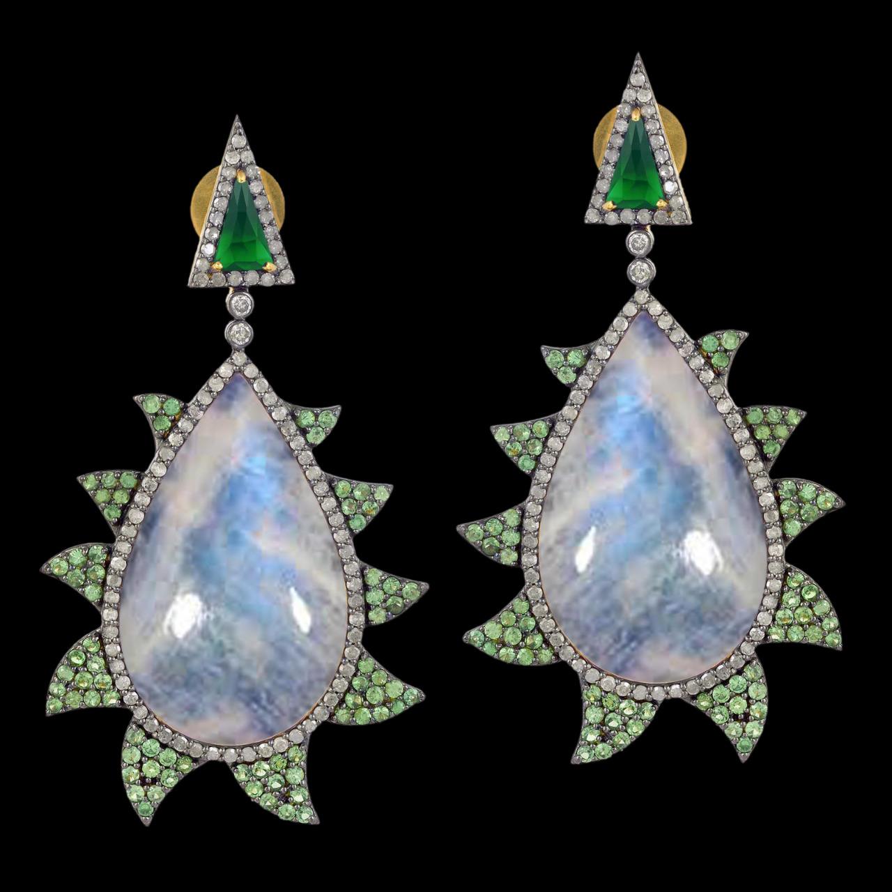 Modern Meghna Jewels Claw Moonstone Tsavorite Green Onyx Diamond Earrings  For Sale