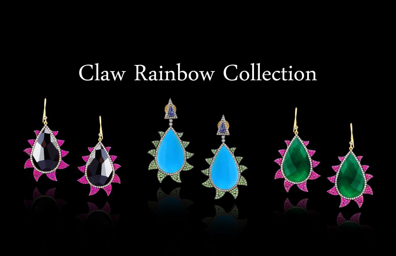 Rose Cut Meghna Jewels Claw Moonstone Tsavorite Green Onyx Diamond Earrings  For Sale