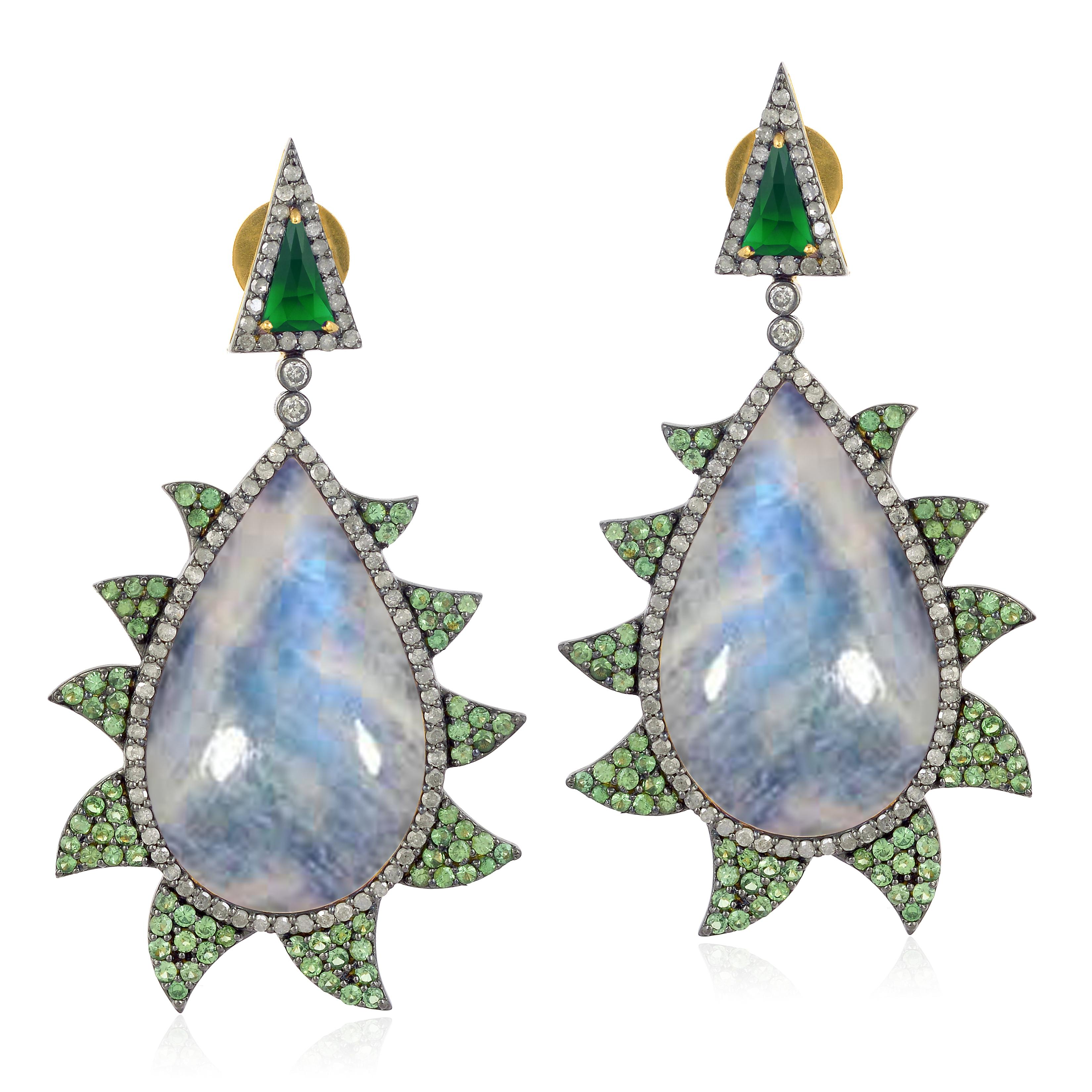 Meghna Jewels Claw Moonstone Tsavorite Green Onyx Diamond Earrings  For Sale