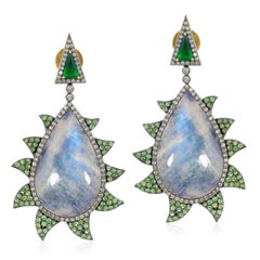 Meghna Jewels Claw Moonstone Tsavorite Green Onyx Diamond Earrings 