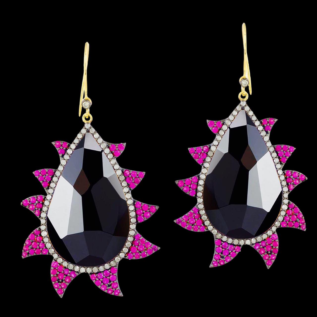 Modern Meghna Jewels Claw Ruby Black Onyx Diamond Earrings For Sale