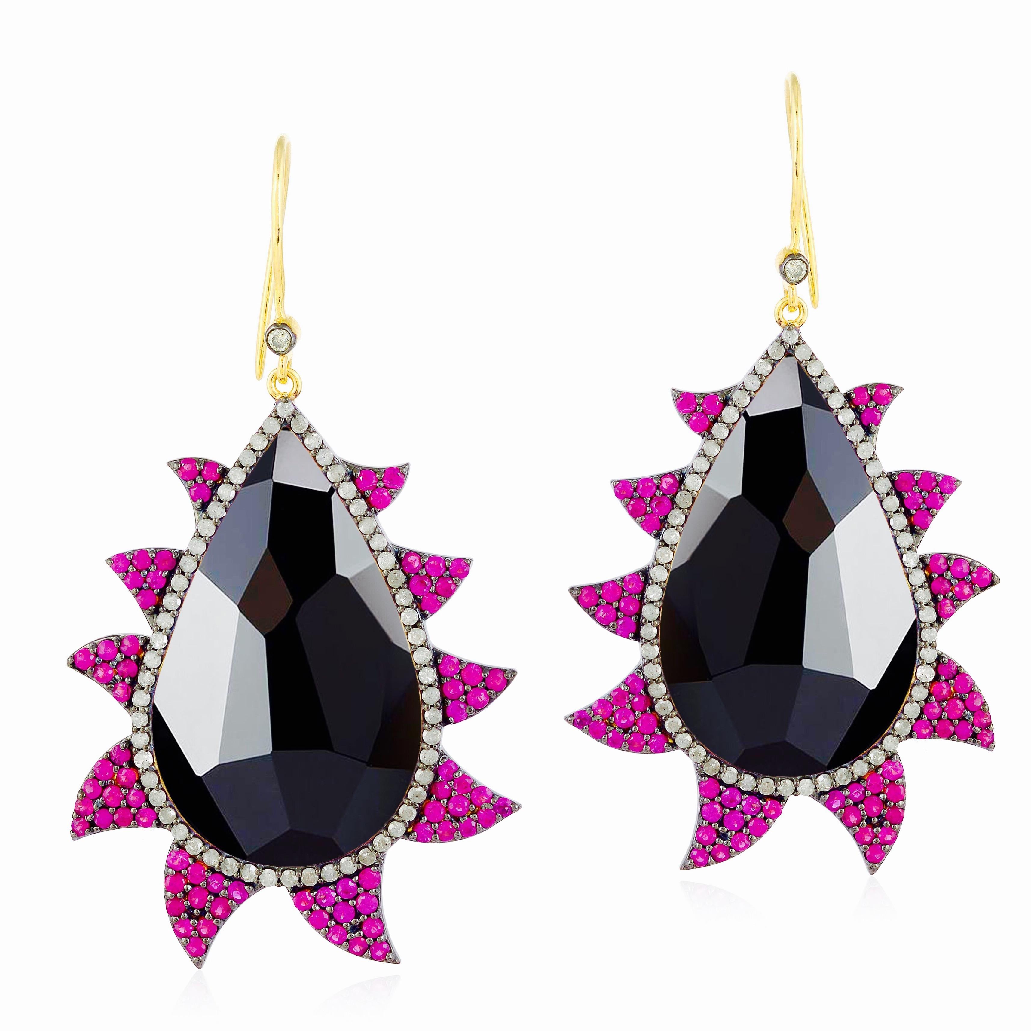 Meghna Jewels Claw Ruby Black Onyx Diamond Earrings For Sale