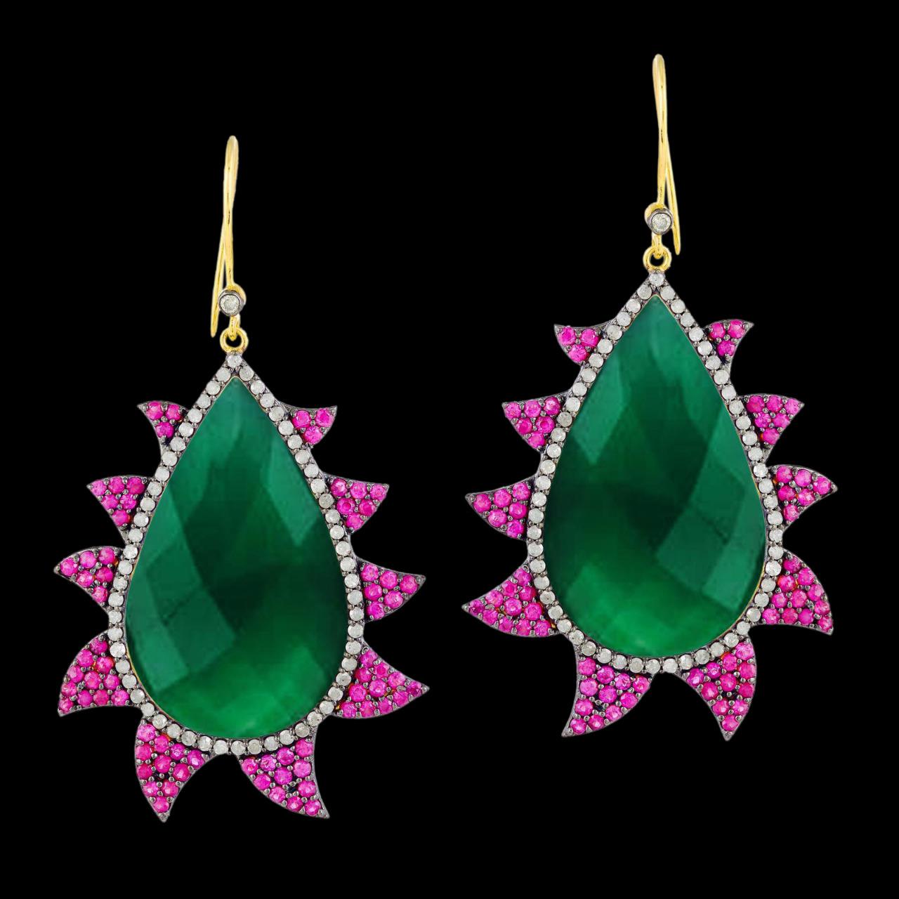 Modern Meghna Jewels Claw Rubies Green Onyx Diamond Earrings For Sale
