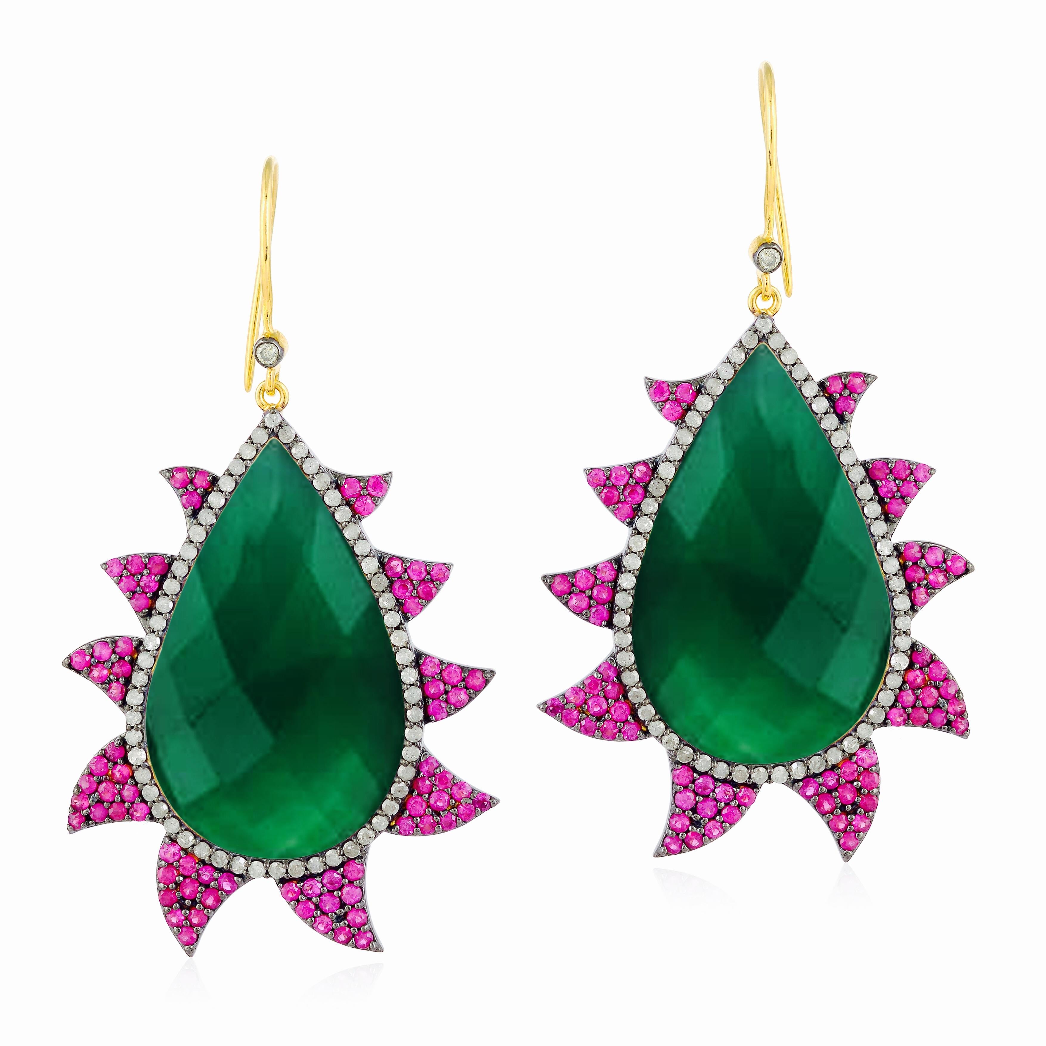 Meghna Jewels Claw Rubies Green Onyx Diamond Earrings For Sale