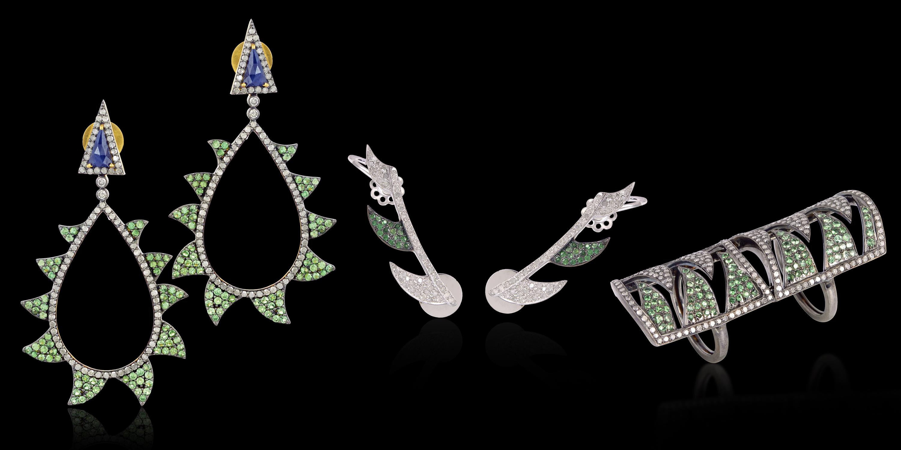 Rose Cut Meghna Jewels Claw Tsavortie Blue Sapphire Diamond Earrings For Sale