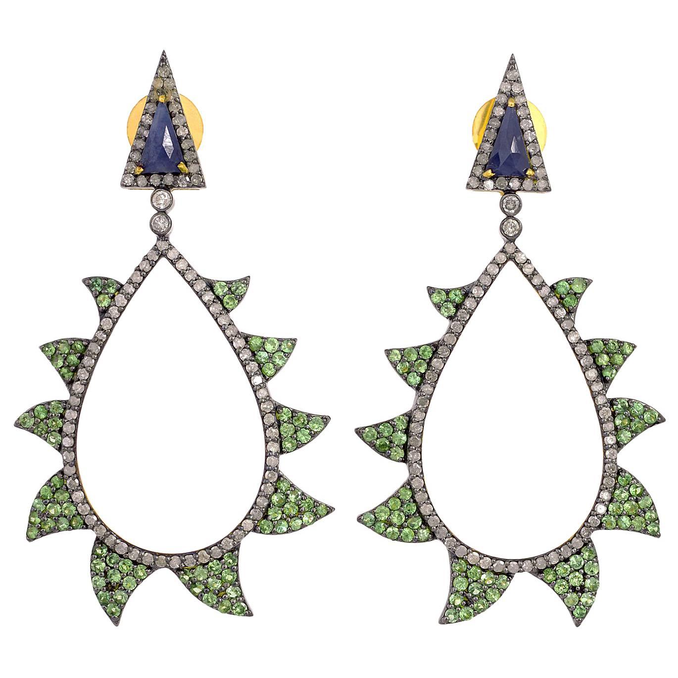 Meghna Jewels Claw Tsavortie Blue Sapphire Diamond Earrings