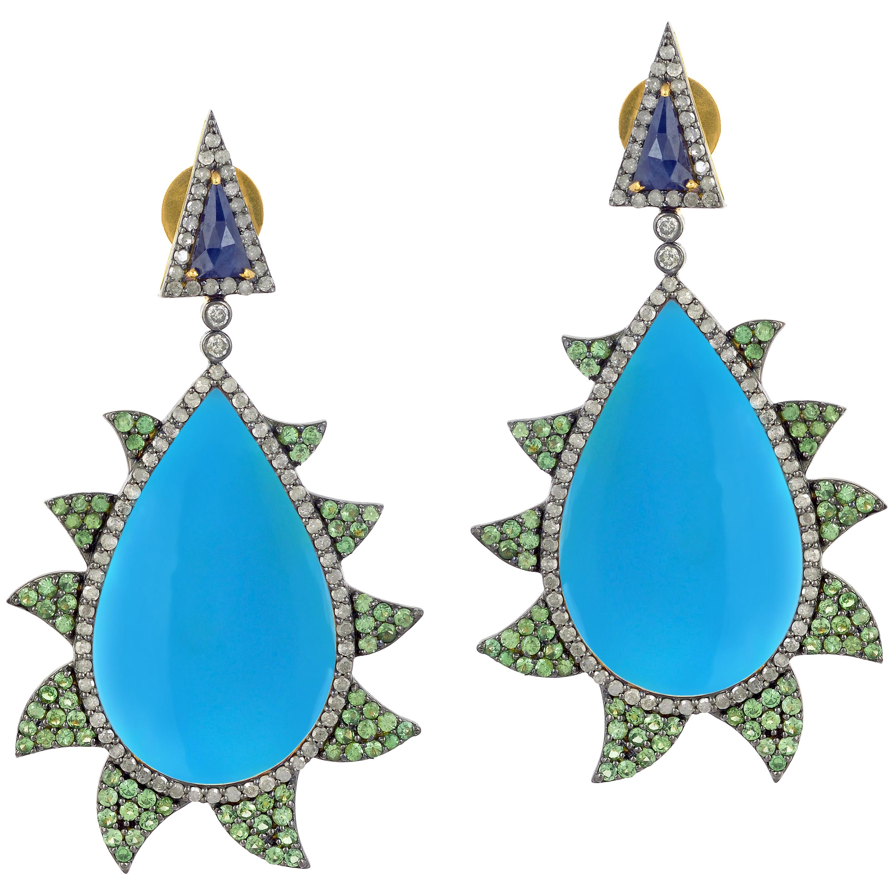 Meghna Jewels Claw  Turquoise Tsavorite Blue Sapphire Diamond Earrings For Sale
