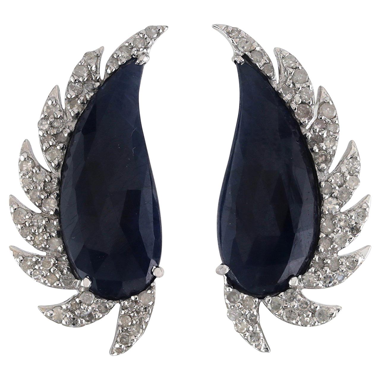 Blue Sapphire Diamond Meghna Jewels Claw Half Moon Stud Earrings  For Sale