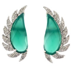 Meghna Jewels Claw Half Moon Green Chalcedony Diamond Stud Earrings