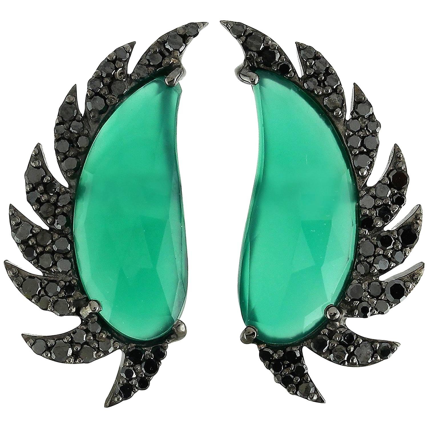 Cabochon Turquoise Black Diamonds Meghna Jewels Claw Half Moon Studs  For Sale