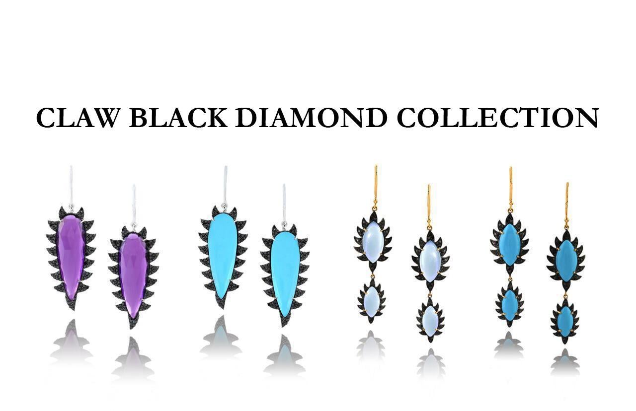 Women's Turquoise Black Diamonds Meghna Jewels Claw Half Moon Studs  For Sale