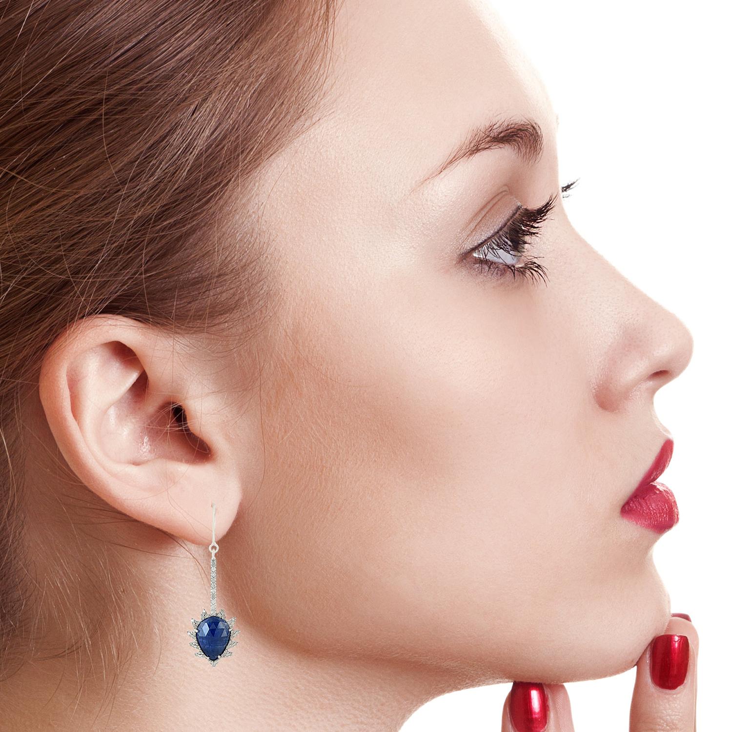 Modern Meghna Jewels Claw Linear Drop Blue Sapphire Diamonds Earrings For Sale