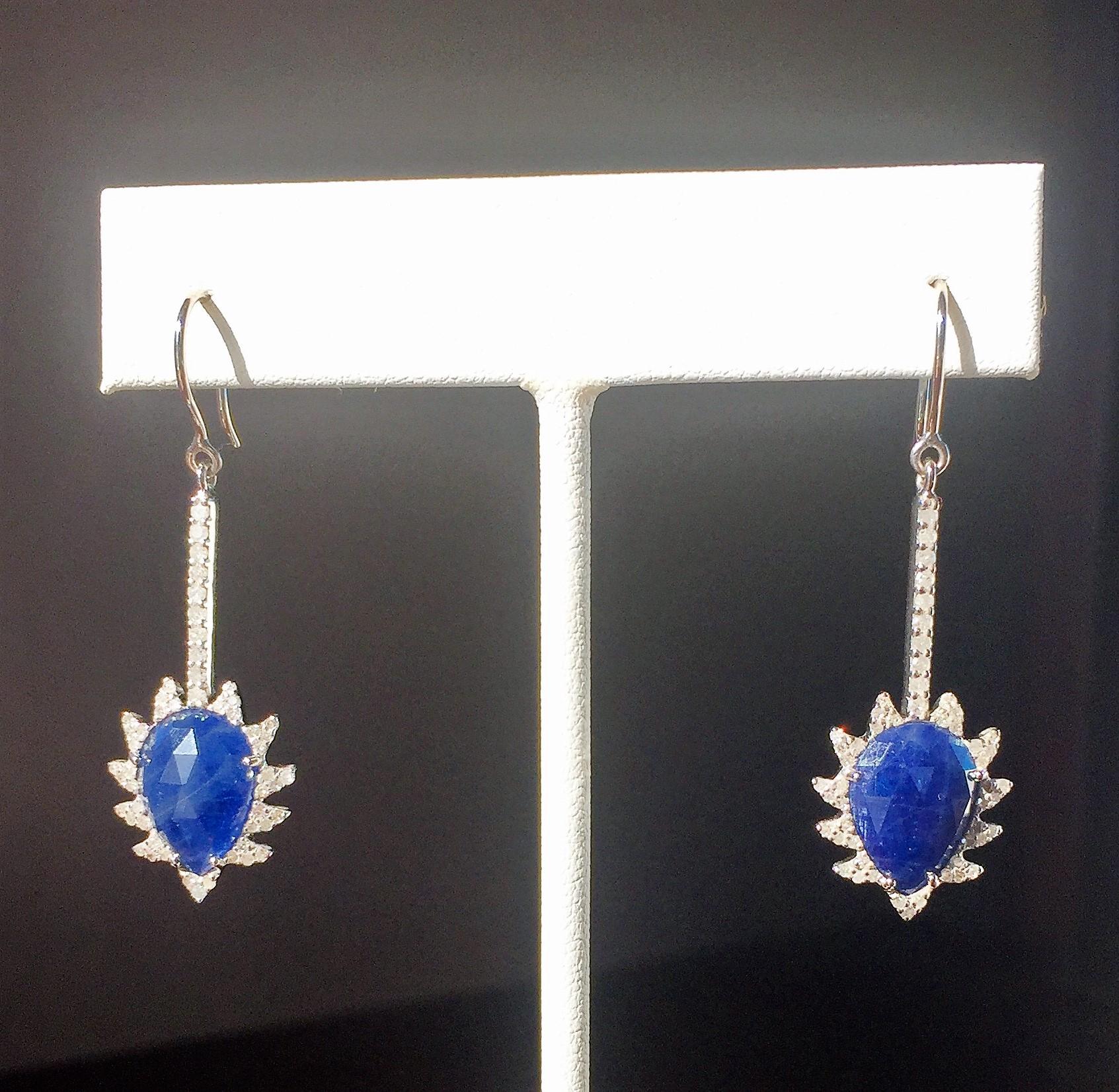 Pear Cut Meghna Jewels Claw Linear Drop Blue Sapphire Diamonds Earrings For Sale