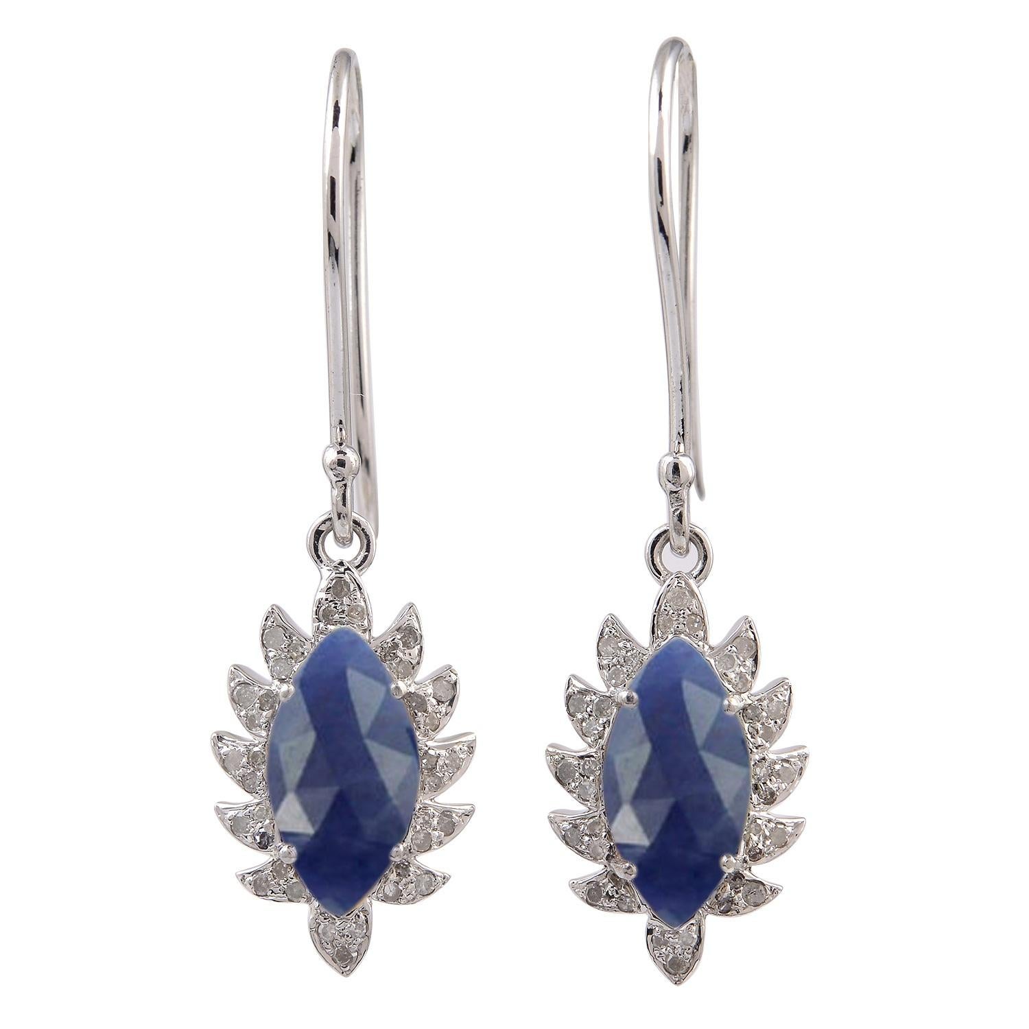 Claw Single Drop Blue Sapphire Marquise Diamonds Earrings For Sale