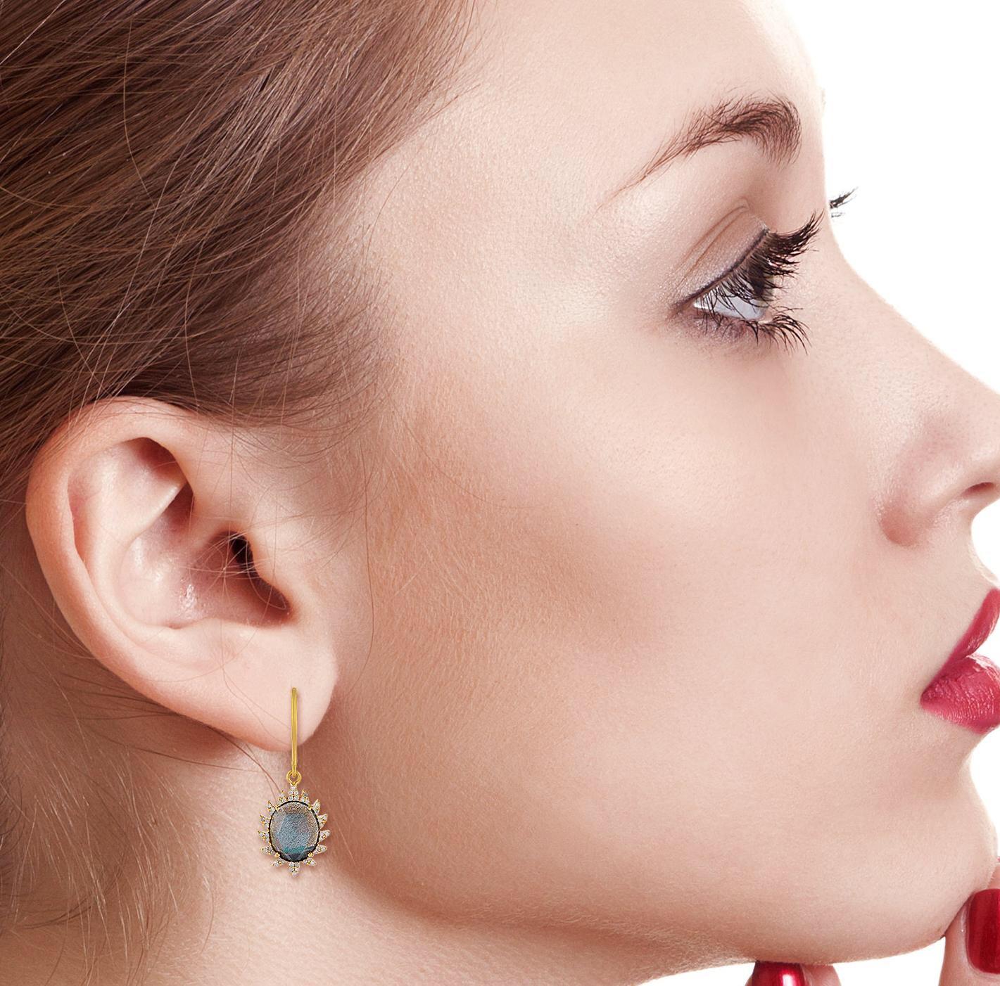 Modern Labradorite Diamonds Claw Single Drop Earrings  For Sale