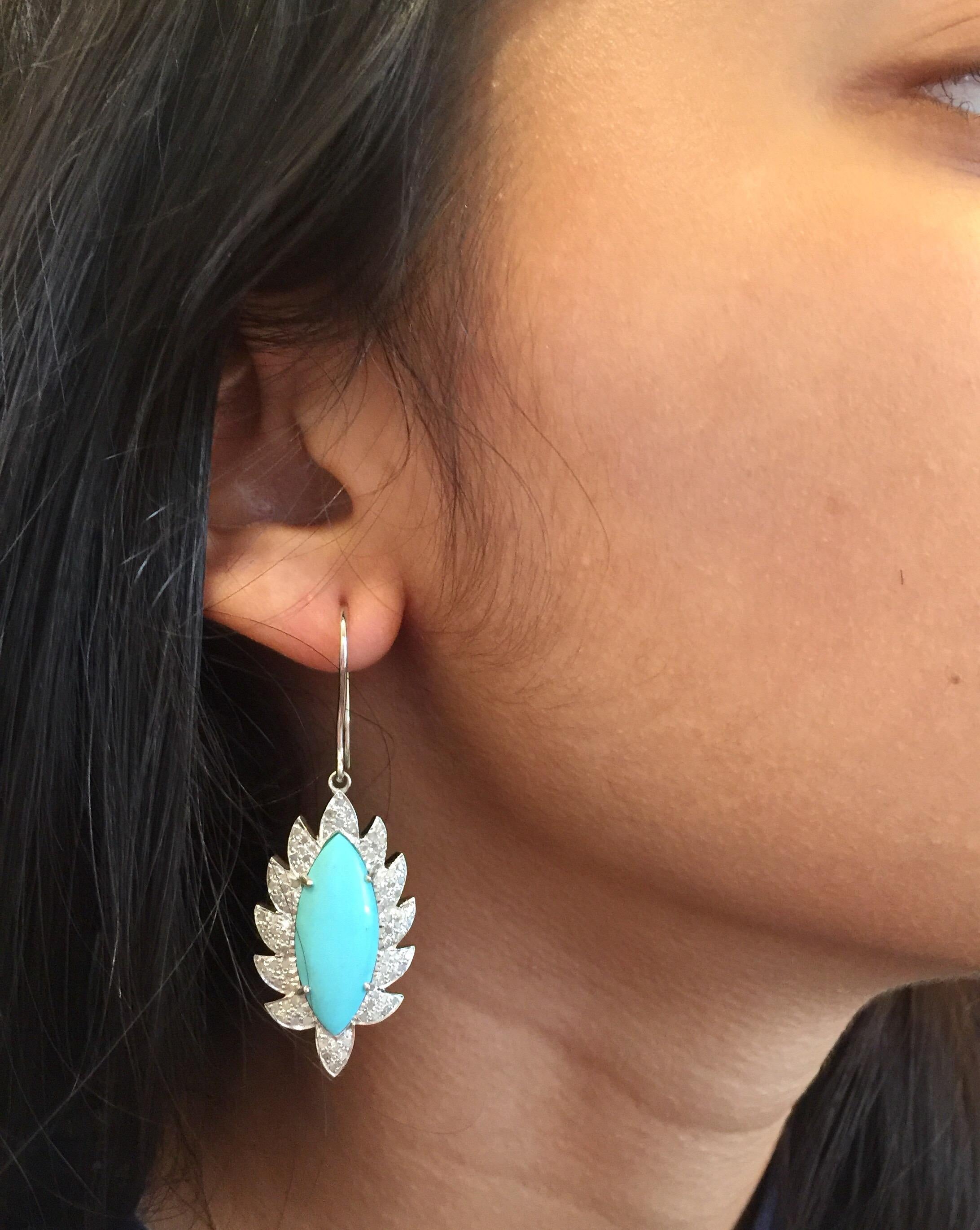 Modern Turquoise Marquise Diamond Drop Earrings For Sale