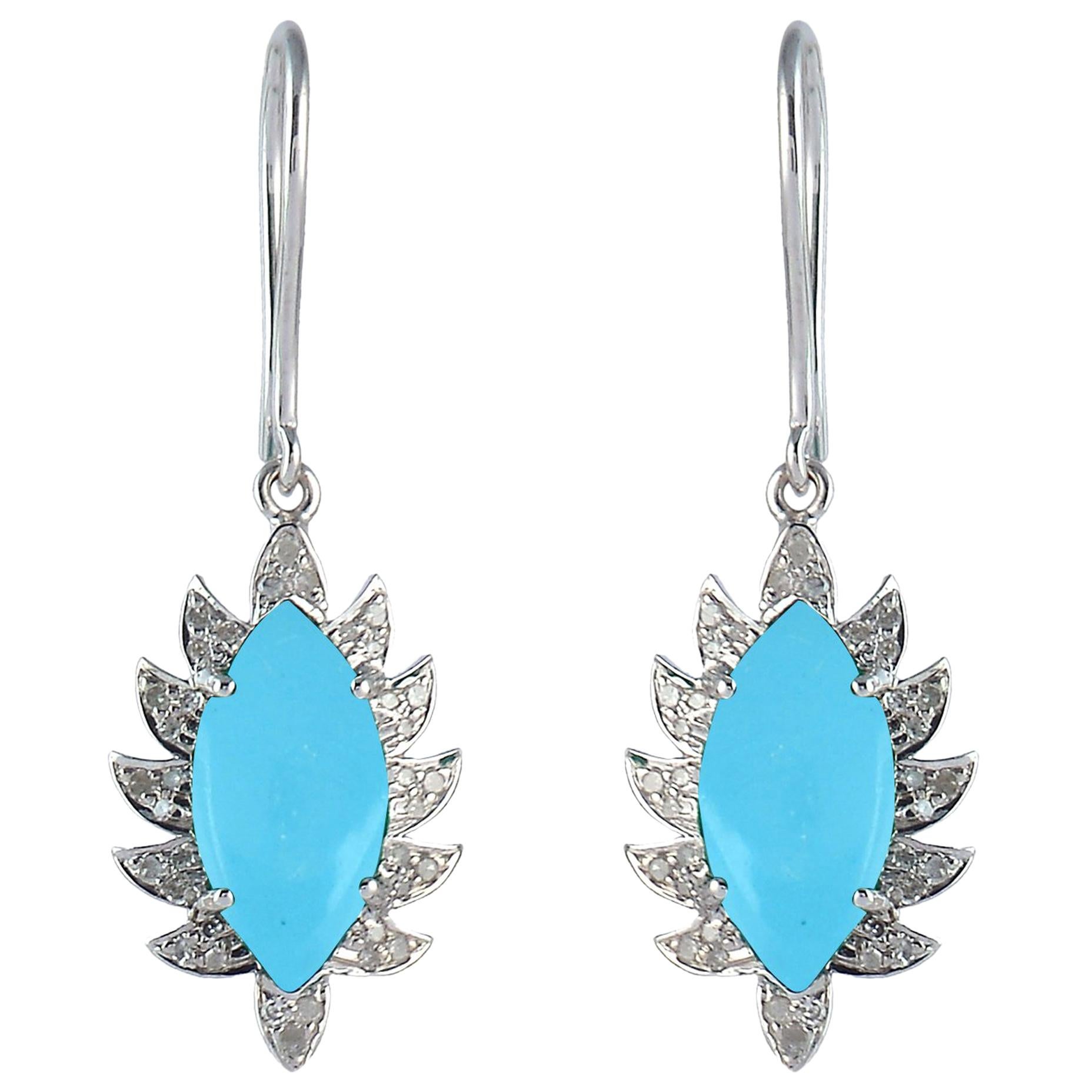 Meghna Jewels Claw Single Drop Turquoise Marquise Earrings and Diamonds