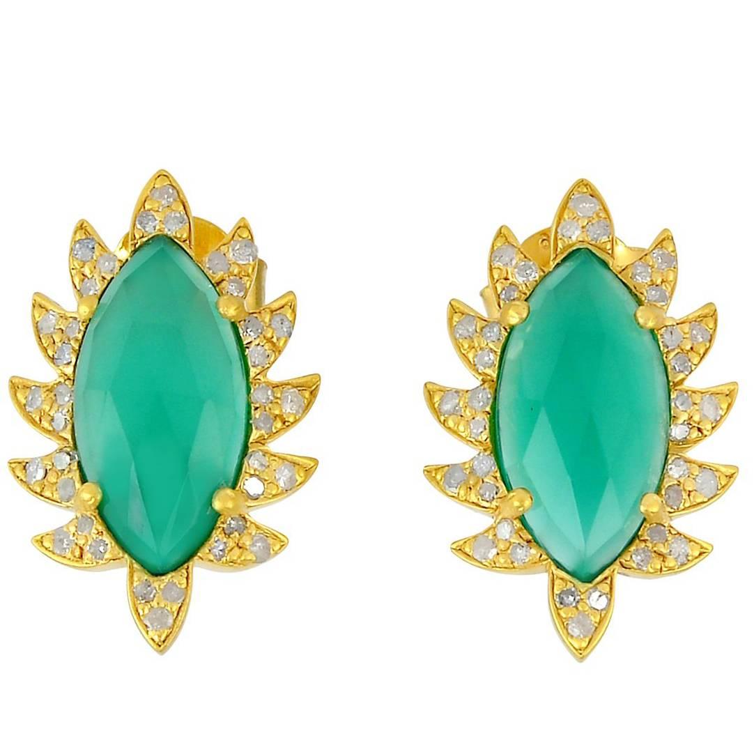 Meghna Jewels Claw Stud Green Chalcedony Diamond Earrings For Sale