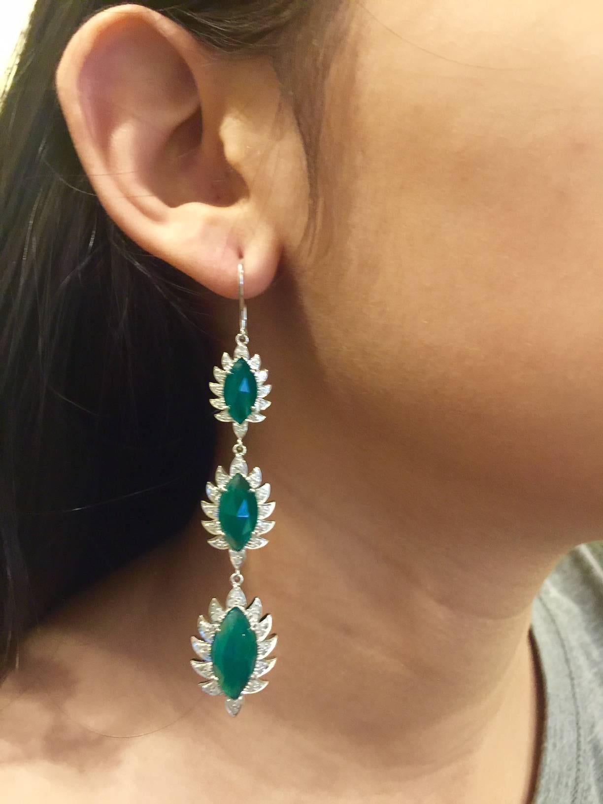 Contemporary Green Chalcedony Diamond Meghna Jewels Marquise Triple Drop Earrings  For Sale