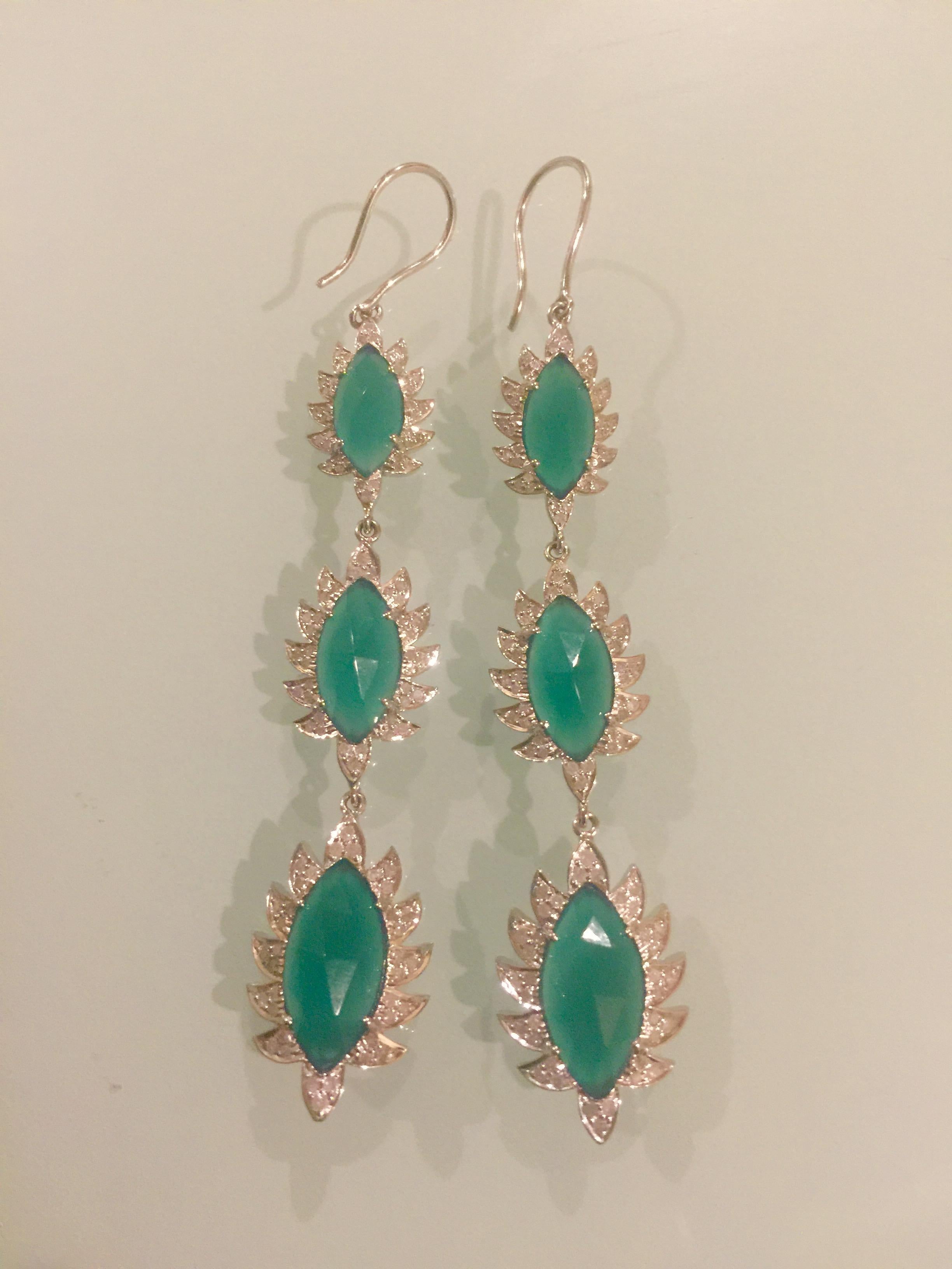 Marquise Cut Green Chalcedony Diamond Meghna Jewels Marquise Triple Drop Earrings  For Sale