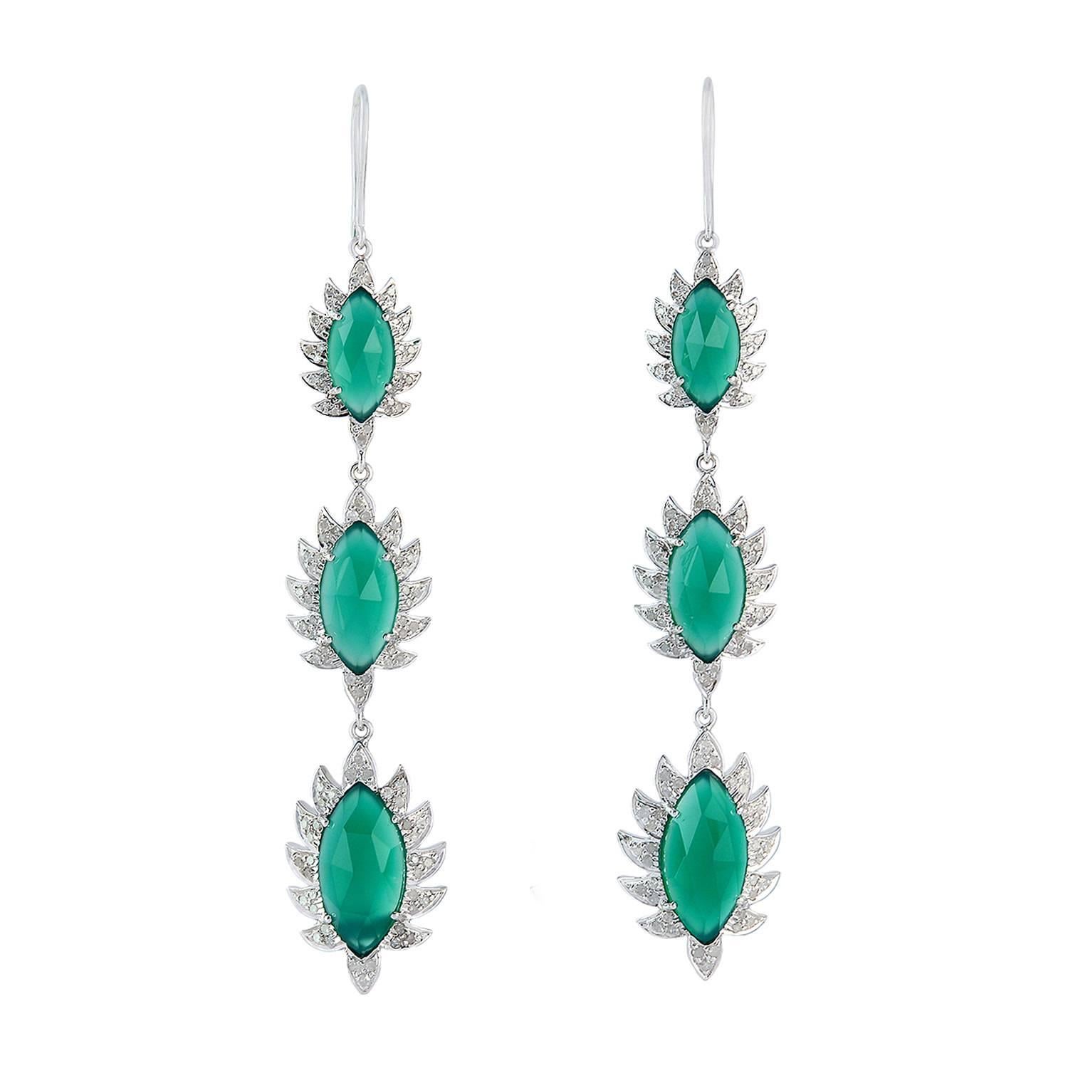 Green Chalcedony Diamond Meghna Jewels Marquise Triple Drop Earrings  For Sale