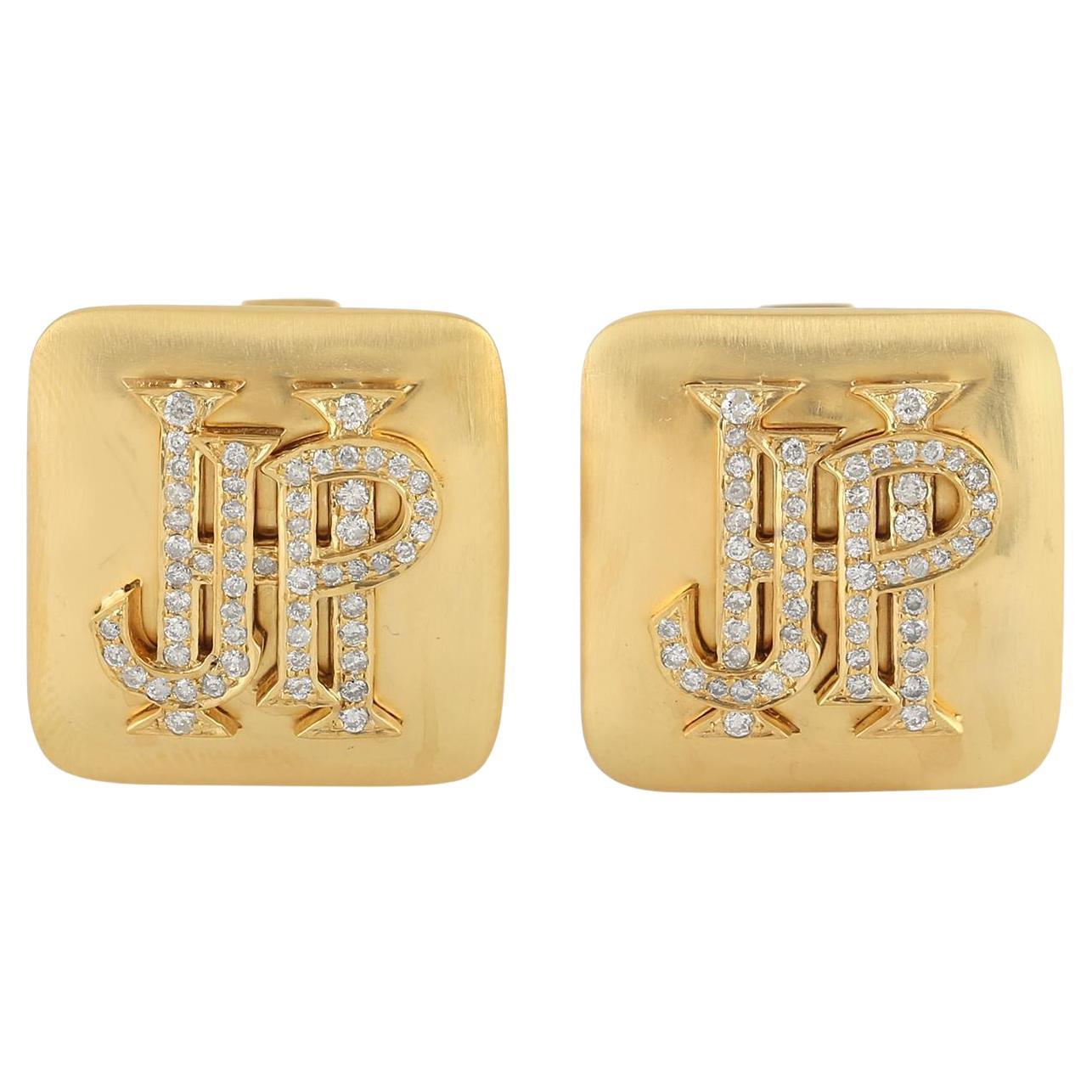 Meghna Jewels Custom Name Initials 14 Karat Yellow Gold Diamond Cufflinks  For Sale