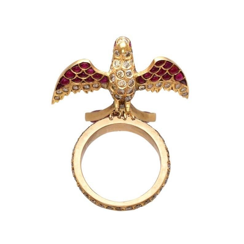 This ring has been meticulously crafted from 18-karat gold.  It is hand set with ruby and sparkling diamonds. 

FOLLOW MEGHNA JEWELS storefront to view the latest collection & exclusive pieces.  Meghna Jewels is proudly rated as a Top Seller on