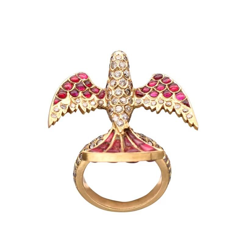 Artisan Meghna Jewels Diamond Ruby 18 Karat Gold Vintage Style Bird Ring For Sale