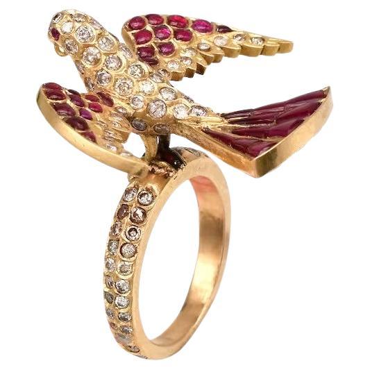 Meghna Jewels Diamond Ruby 18 Karat Gold Vintage Style Bird Ring For Sale