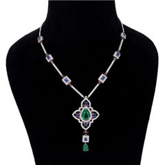 Meghna Jewels Emerald Blue Sapphire Diamond 18K Gold Art Deco Style Necklace