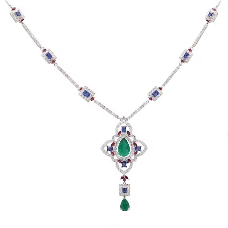 Mixed Cut Meghna Jewels Emerald Blue Sapphire Diamond 18K Gold Art Deco Style Necklace For Sale